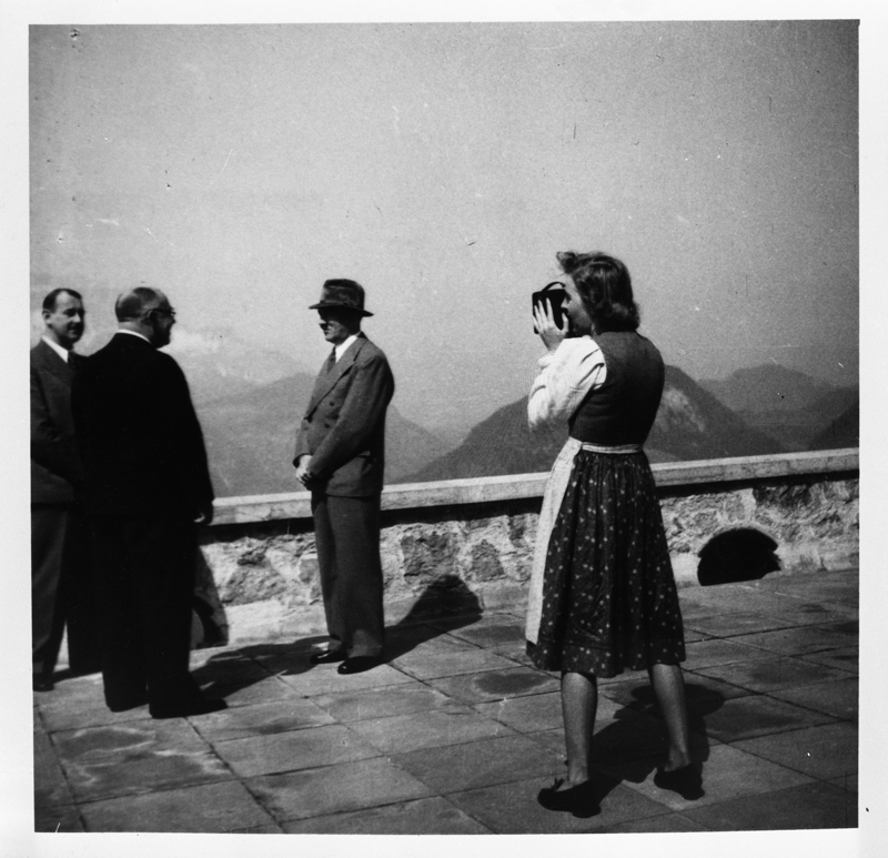 Eva Braun filming Adolf Hitler in conversation with Hermann Esser and Theodor Morell on the terrace of the Berghof, from Eva Braun's albums